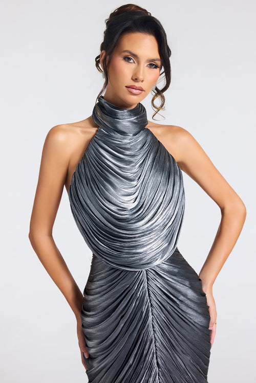 Metallic Pleated Two-Piece Prom Dress with Rhinestone Chain Open Back by Portia & Scarlett PS27090