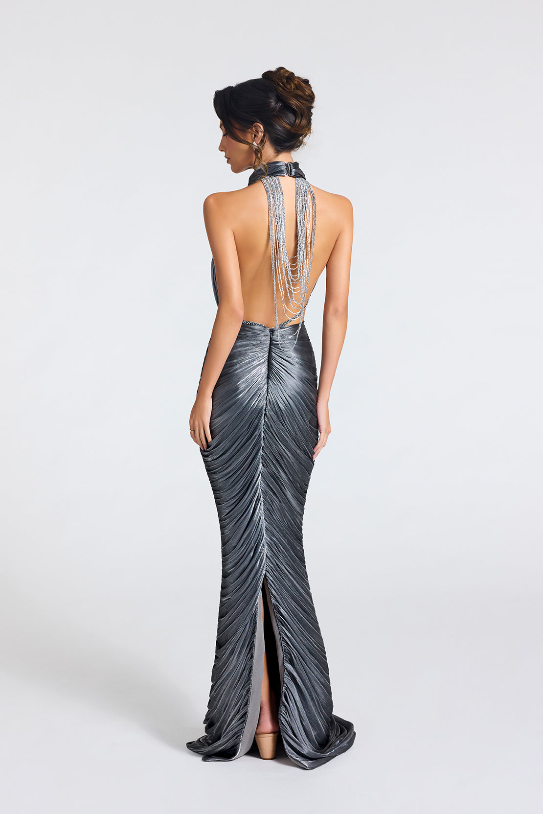 Metallic Pleated Two-Piece Prom Dress with Rhinestone Chain Open Back by Portia & Scarlett PS27090