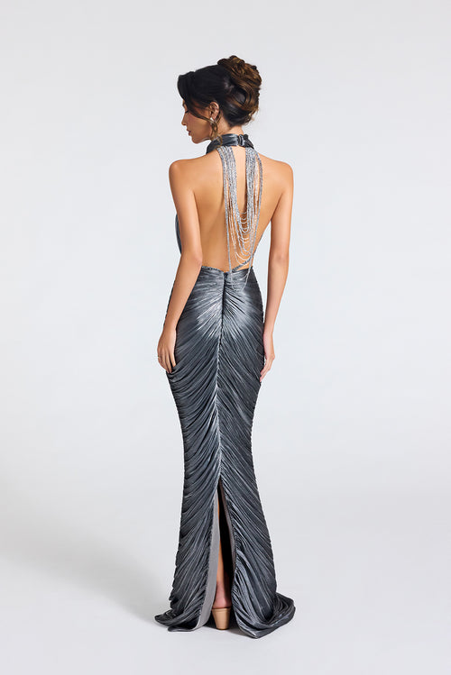 Metallic Pleated Two-Piece Prom Dress with Rhinestone Chain Open Back by Portia & Scarlett PS27090