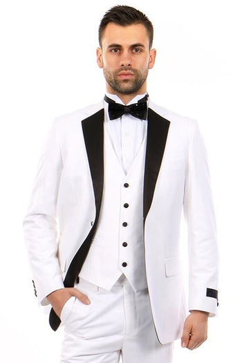 Esmoquin clásico de dos botones con solapa y muesca para hombre en blanco y negro