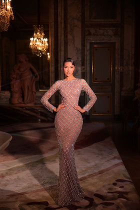 Chic and Holland HF110621 Boat Neck Long Sleeve Beaded Sheath Evening Gown