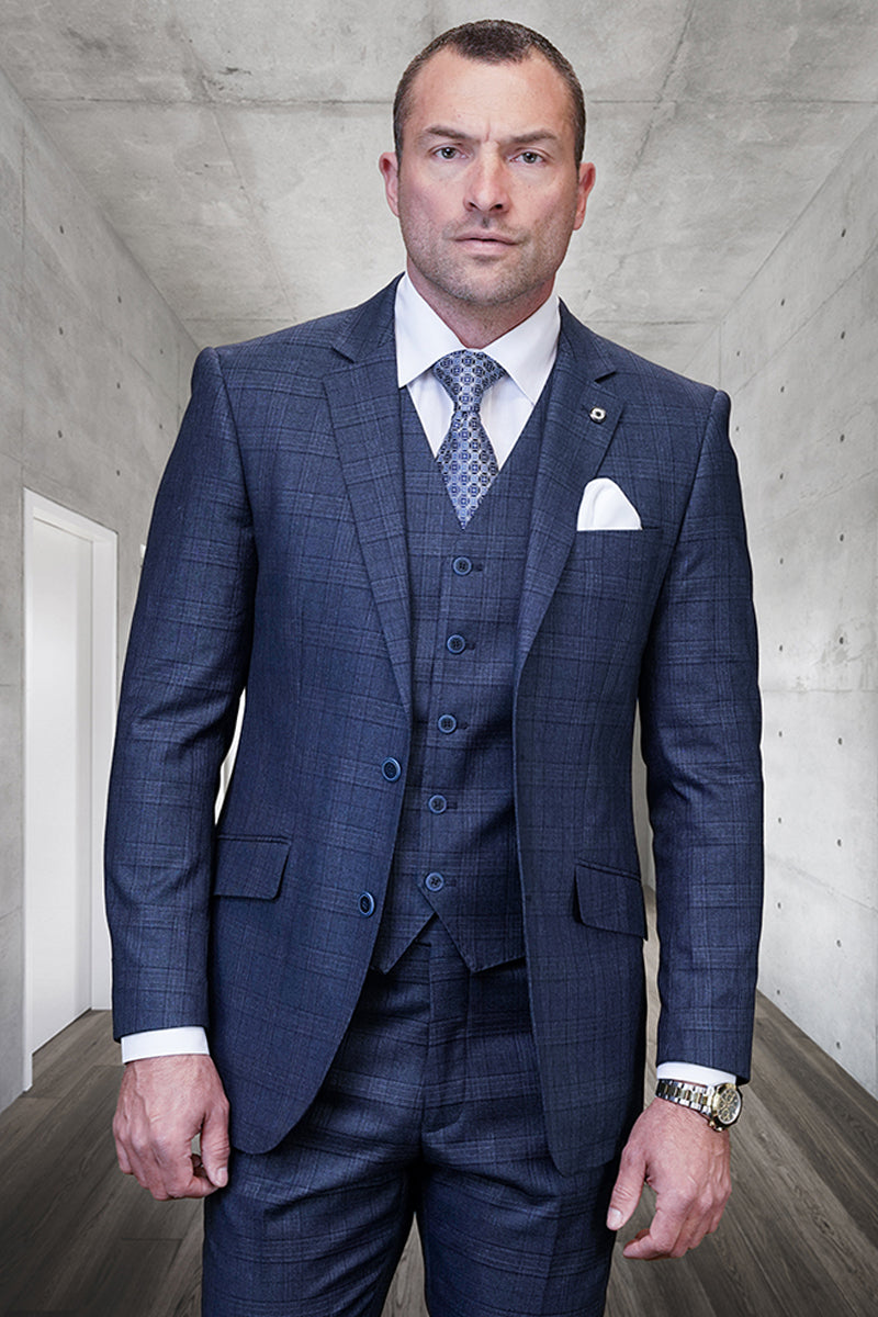Traje de lana con chaleco de dos botones de diseñador para hombre en cuadros azul índigo