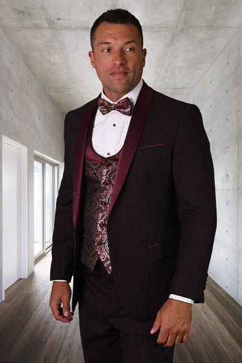Conjunto de esmoquin moderno para boda y graduación para hombre con chaleco de cachemira a juego en burdeos