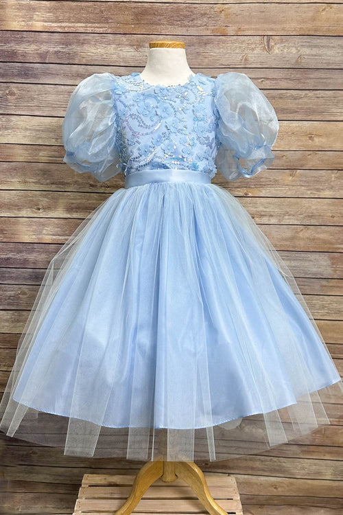 Puffy Sleeve Sequin Floral Tulle Dress – Birthday Special Occasion Gown by Bella Princess 317