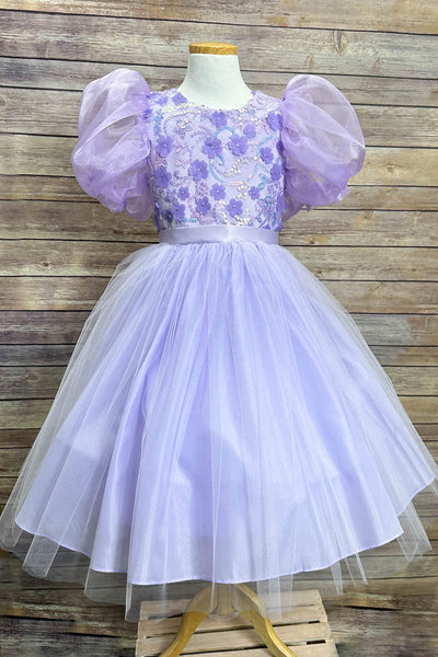 Puffy Sleeve Sequin Floral Tulle Dress – Birthday Special Occasion Gown by Bella Princess 317