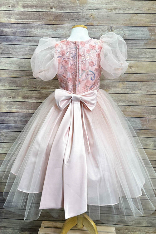 Puffy Sleeve Sequin Floral Tulle Dress – Birthday Special Occasion Gown by Bella Princess 317