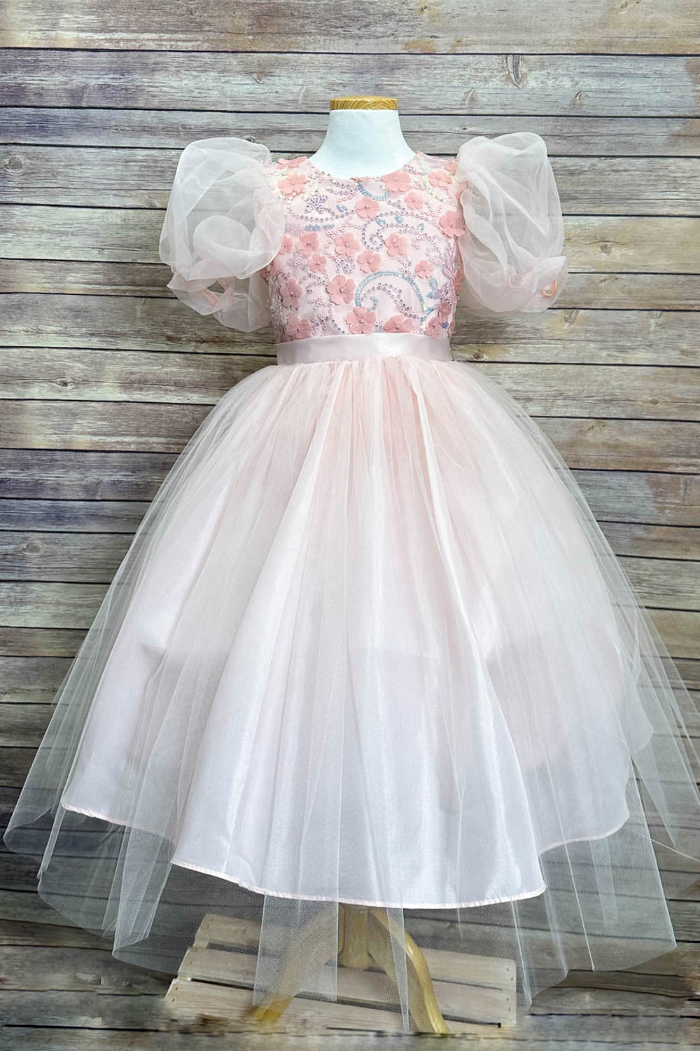Puffy Sleeve Sequin Floral Tulle Dress – Birthday Special Occasion Gown by Bella Princess 317