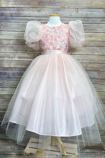 Puffy Sleeve Sequin Floral Tulle Dress – Birthday Special Occasion Gown by Bella Princess 317