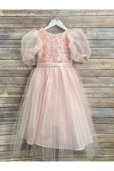 Puffy Sleeve Sequin Floral Tulle Dress – Birthday Special Occasion Gown by Bella Princess 317