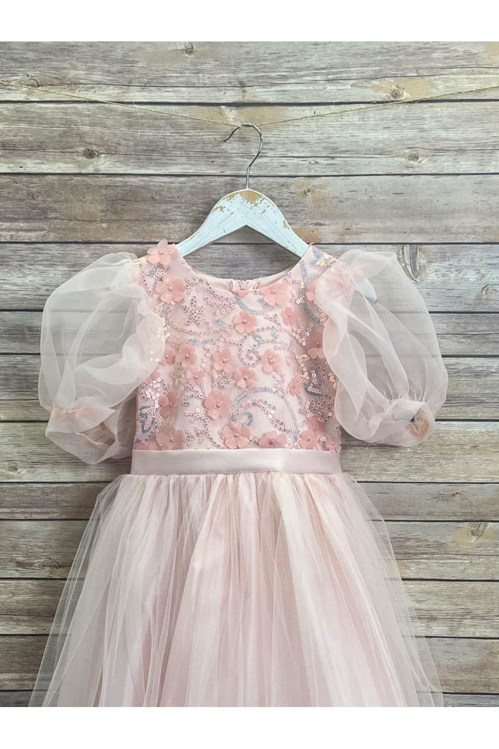 Puffy Sleeve Sequin Floral Tulle Dress – Birthday Special Occasion Gown by Bella Princess 317
