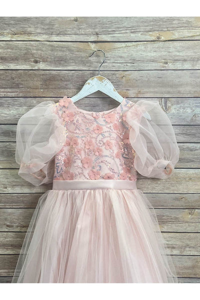 Puffy Sleeve Sequin Floral Tulle Dress – Birthday Special Occasion Gown by Bella Princess 317