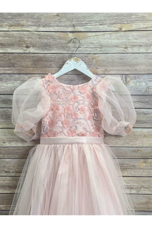 Puffy Sleeve Sequin Floral Tulle Dress – Birthday Special Occasion Gown by Bella Princess 317