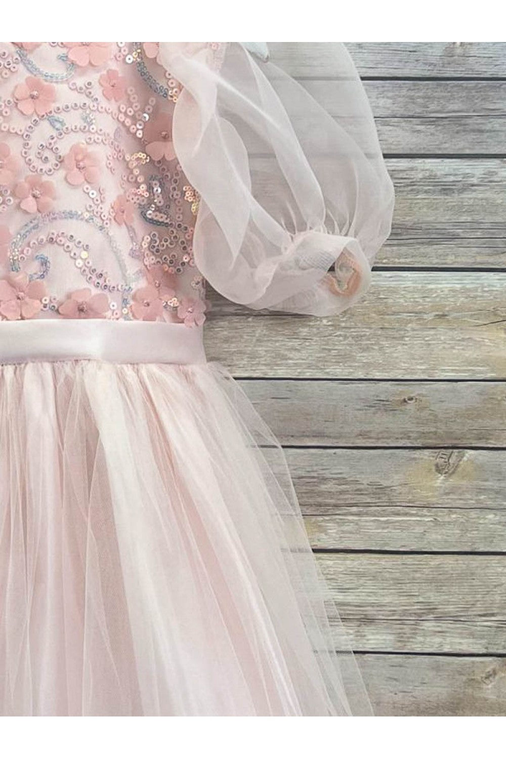 Puffy Sleeve Sequin Floral Tulle Dress – Birthday Special Occasion Gown by Bella Princess 317