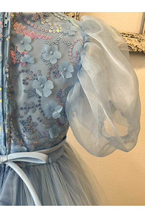 Puffy Sleeve Sequin Floral Tulle Dress – Birthday Special Occasion Gown by Bella Princess 317