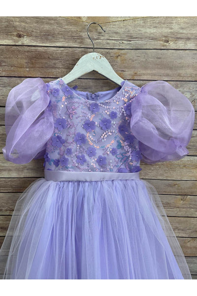 Puffy Sleeve Sequin Floral Tulle Dress – Birthday Special Occasion Gown by Bella Princess 317