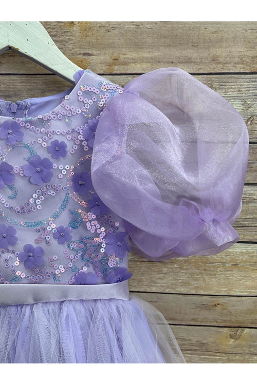 Puffy Sleeve Sequin Floral Tulle Dress – Birthday Special Occasion Gown by Bella Princess 317