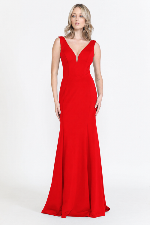 Poly USA 8152 Fitted Long Sleeveless V-Neck Dress