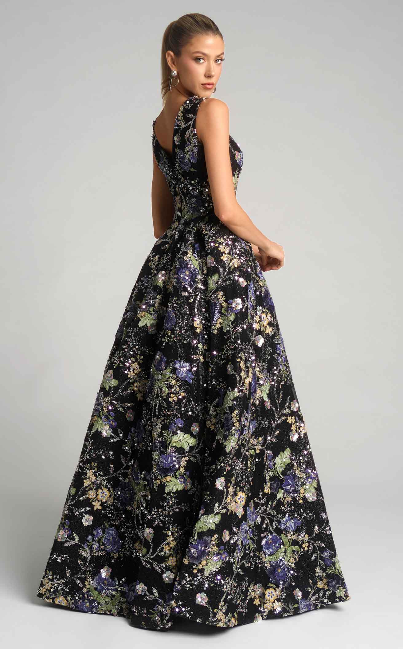 Floral A-Line Gown with Deep V-Neck & High Slit Sleeveless Dress by Portia & Scarlett PS26091