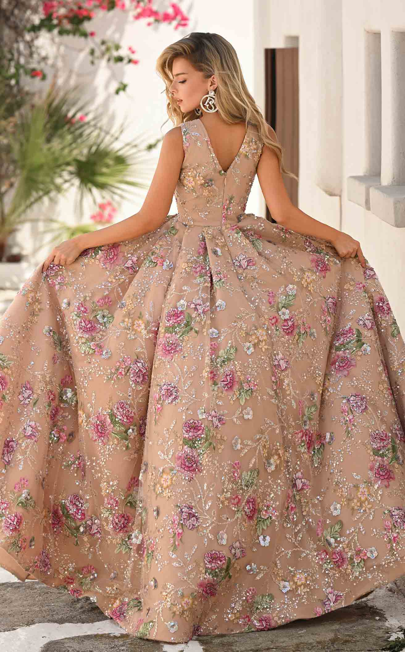 Floral A-Line Gown with Deep V-Neck & High Slit Sleeveless Dress by Portia & Scarlett PS26091
