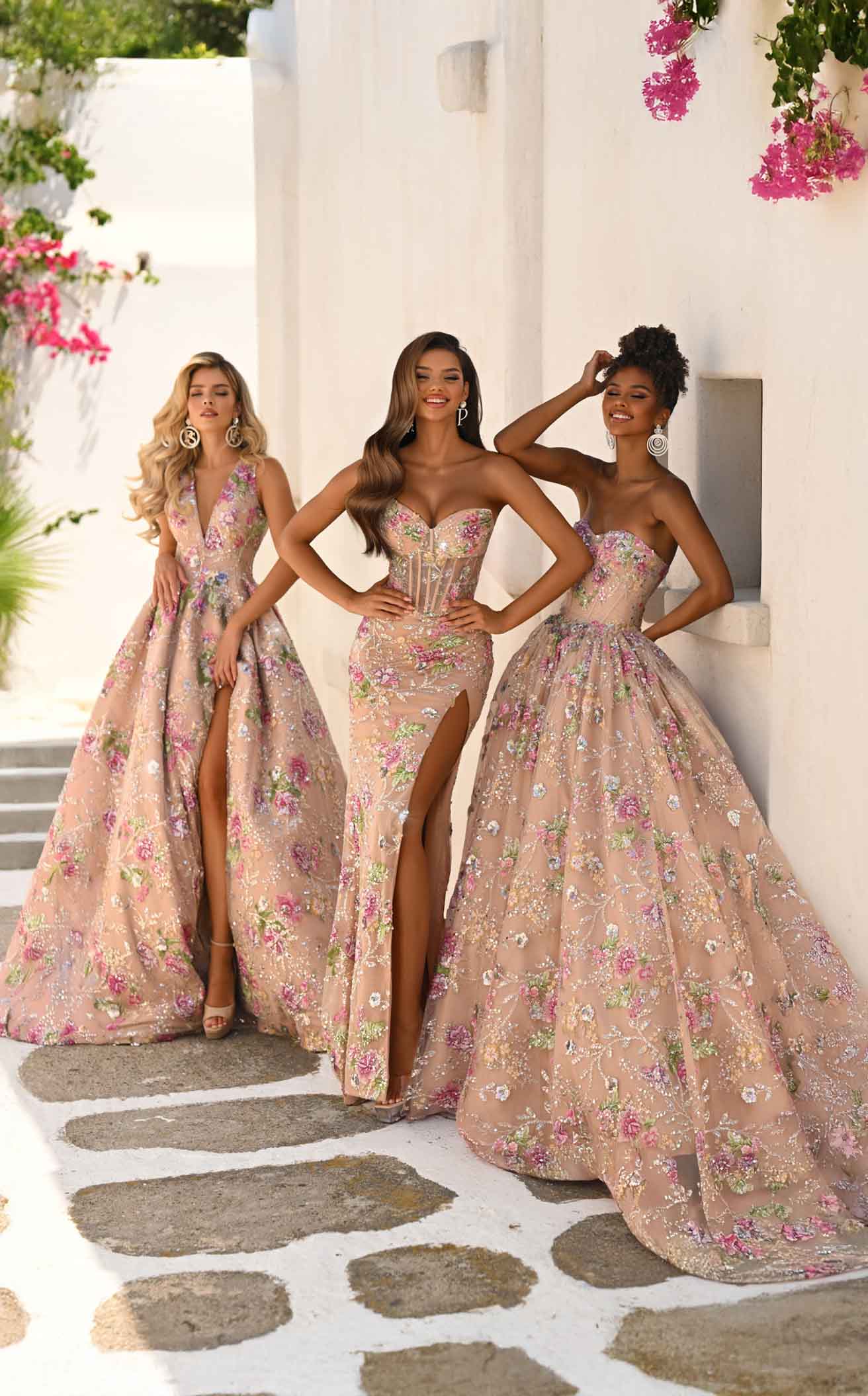 Floral A-Line Gown with Deep V-Neck & High Slit Sleeveless Dress by Portia & Scarlett PS26091