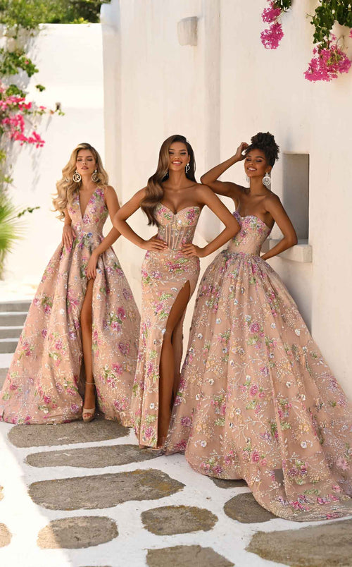Floral A-Line Gown with Deep V-Neck & High Slit Sleeveless Dress by Portia & Scarlett PS26091