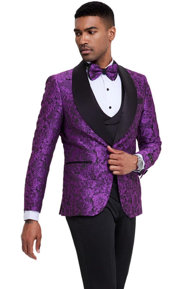 Esmoquin de graduación para hombre, de un botón, corte entallado, con estampado floral brillante de cachemira, en morado.