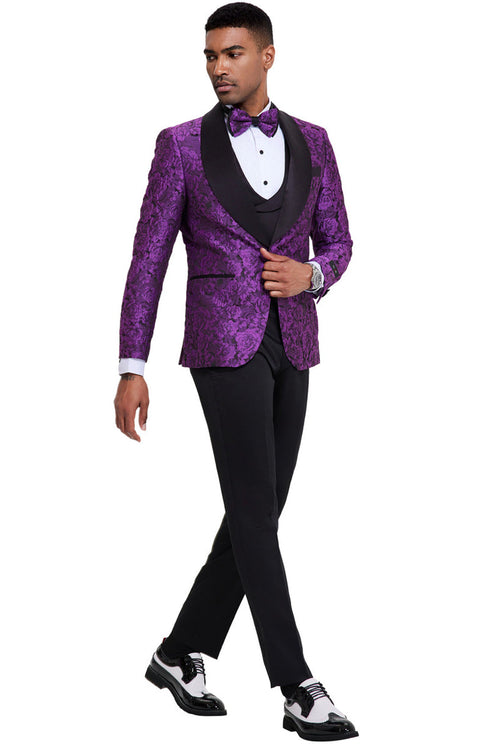 Esmoquin de graduación para hombre, de un botón, corte entallado, con estampado floral brillante de cachemira, en morado.