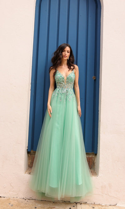 Nox Anabel Q1391 Deep V-Back Long Tulle A-Line Prom Dress