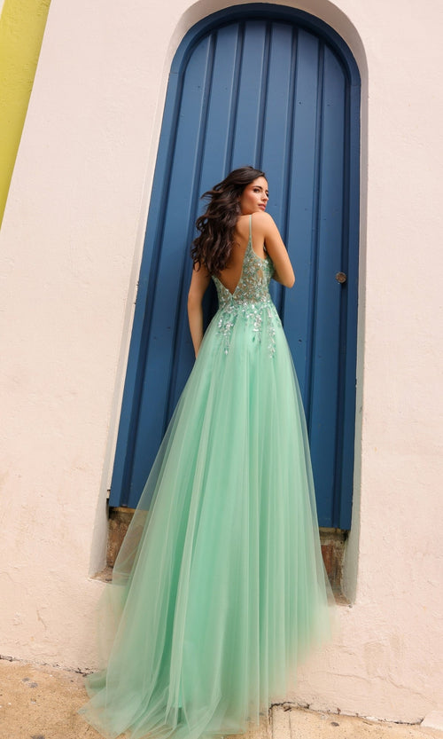 Nox Anabel Q1391 Deep V-Back Long Tulle A-Line Prom Dress
