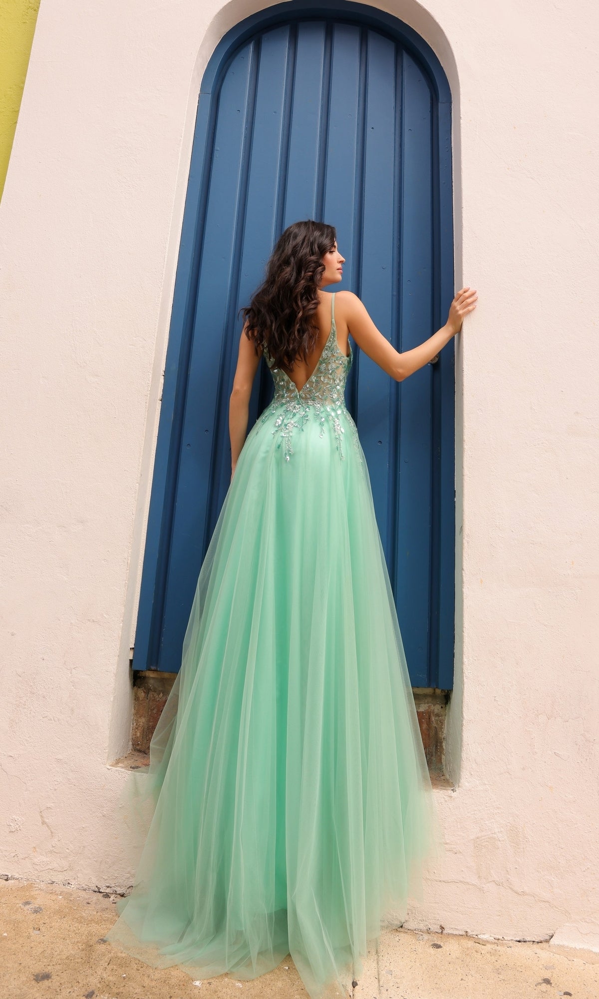Vestido de fiesta largo de tul con escote en A y espalda en V profundo Q1391