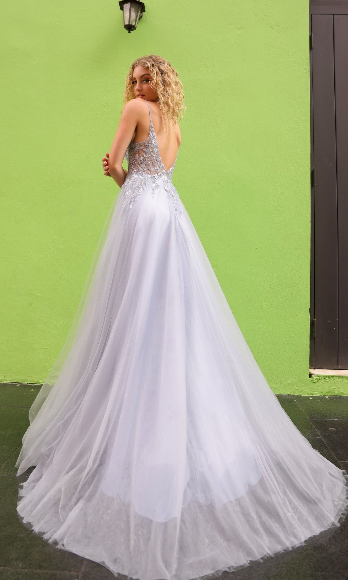 Vestido de fiesta largo de tul con escote en A y espalda en V profundo Q1391