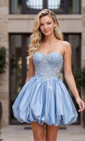 Nox Anabel Q7122 Strapless Bubble Skirt Fitted Mini Corset Homecoming Dress with Lace-Up Detail