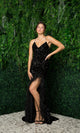 Vestido de fiesta largo y brillante con lujoso ribete de plumas
