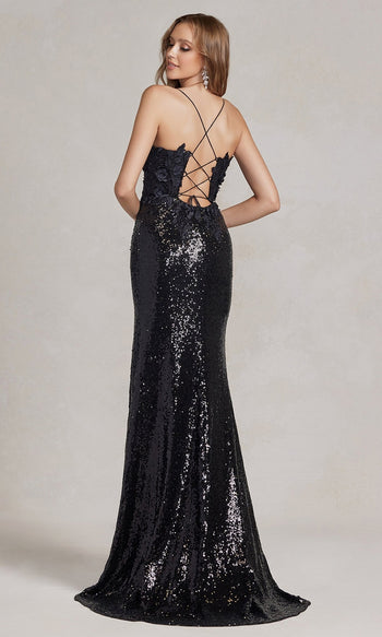 Floor-Length Sequin Dress with Beautiful 3-D Floral Design