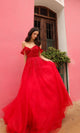 Impresionante vestido de fiesta de tul con hombros descubiertos R1303