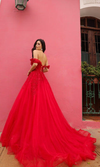 Impresionante vestido de fiesta de tul con hombros descubiertos R1303