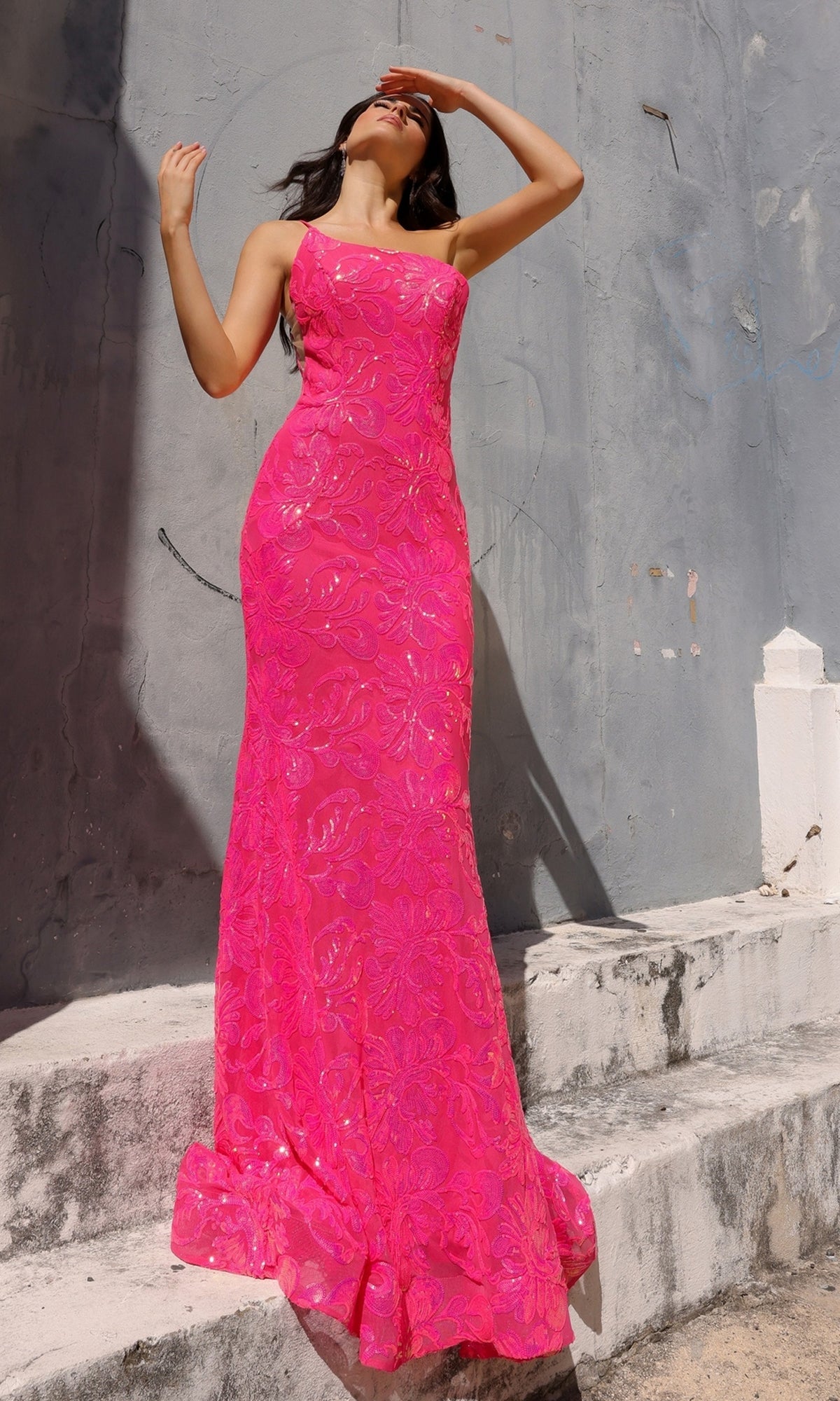 Vestido de fiesta largo de un solo hombro con estampado de lentejuelas R1308