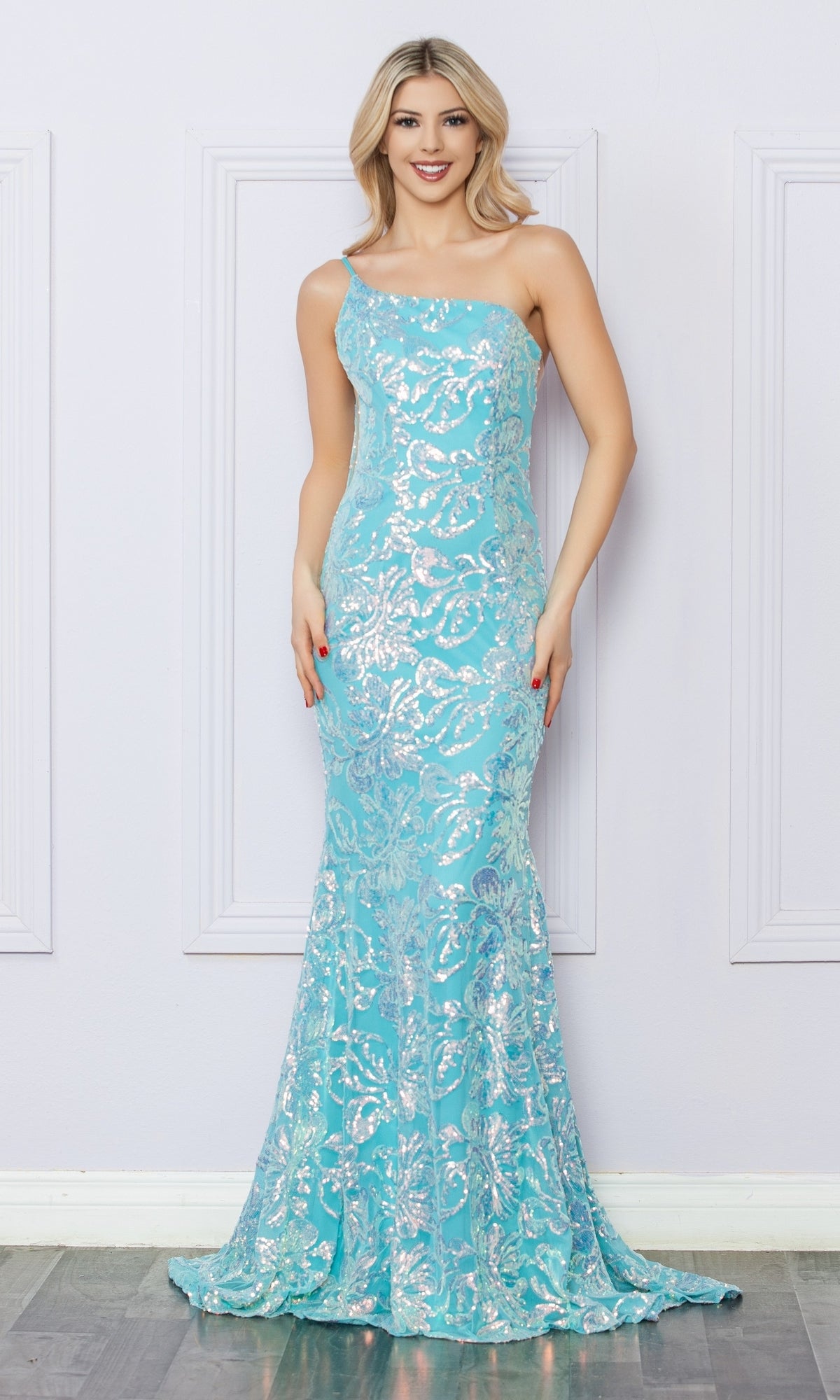 Vestido de fiesta largo de un solo hombro con estampado de lentejuelas R1308