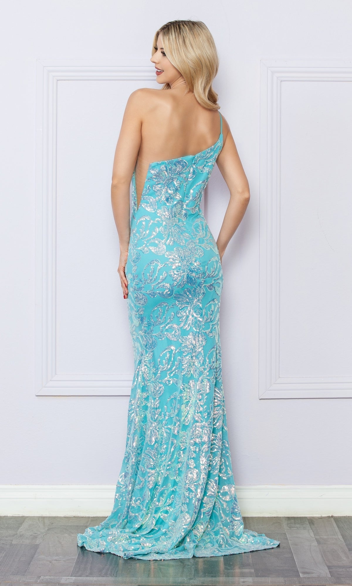 Vestido de fiesta largo de un solo hombro con estampado de lentejuelas R1308