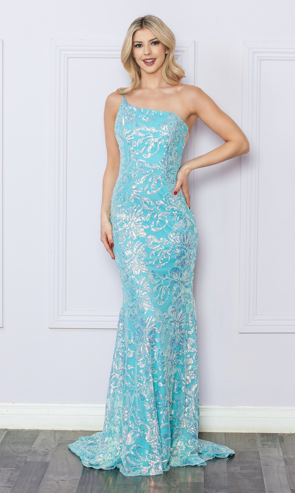 Vestido de fiesta largo de un solo hombro con estampado de lentejuelas R1308