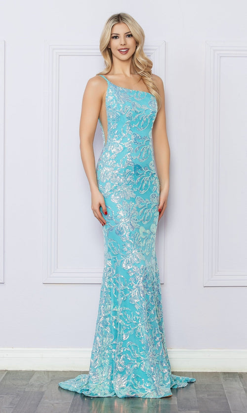 Nox Anabel R1308 One-Shoulder Long Sequin-Print Prom Dress