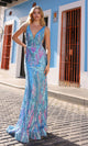 Vestido de fiesta largo con lentejuelas azules y laterales transparentes R1402