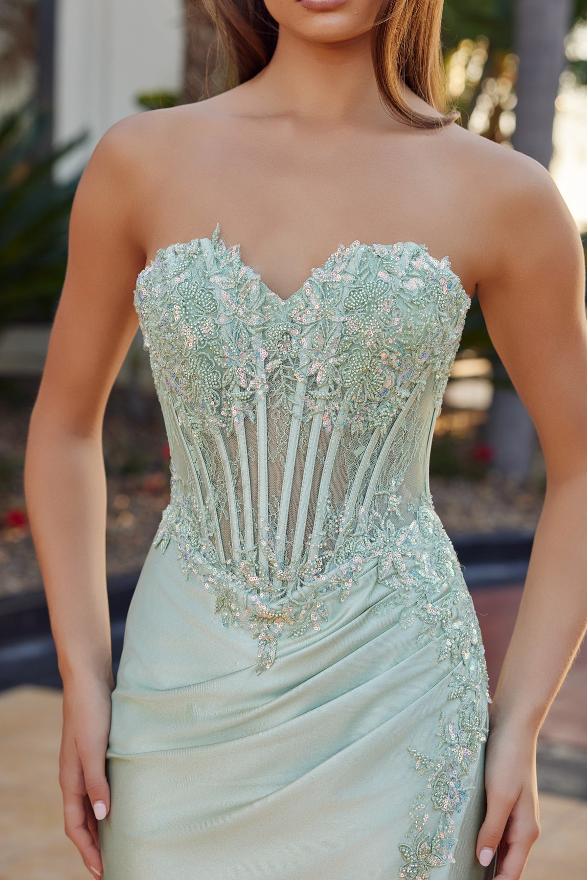 Nox Anabel R1811 Strapless Applique Fitted Long Corset Evening Gown with Slit