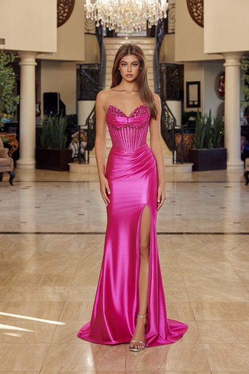 Nox Anabel R1812 Strapless Beaded Fitted Long Corset Evening Gown with Slit
