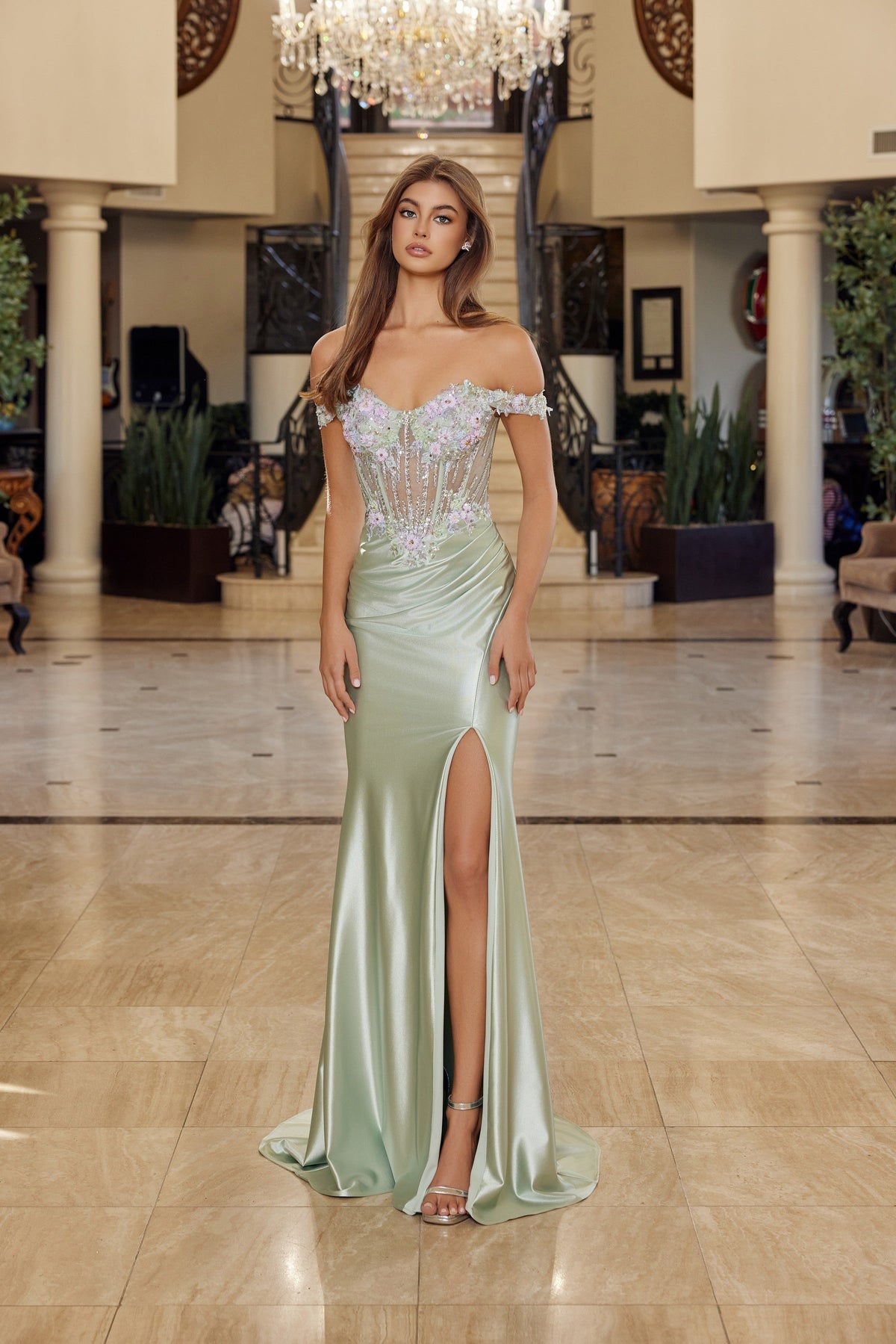 Nox Anabel R1814 Off the Shoulder Floral Applique Fitted Long Corset Evening Gown with Slit