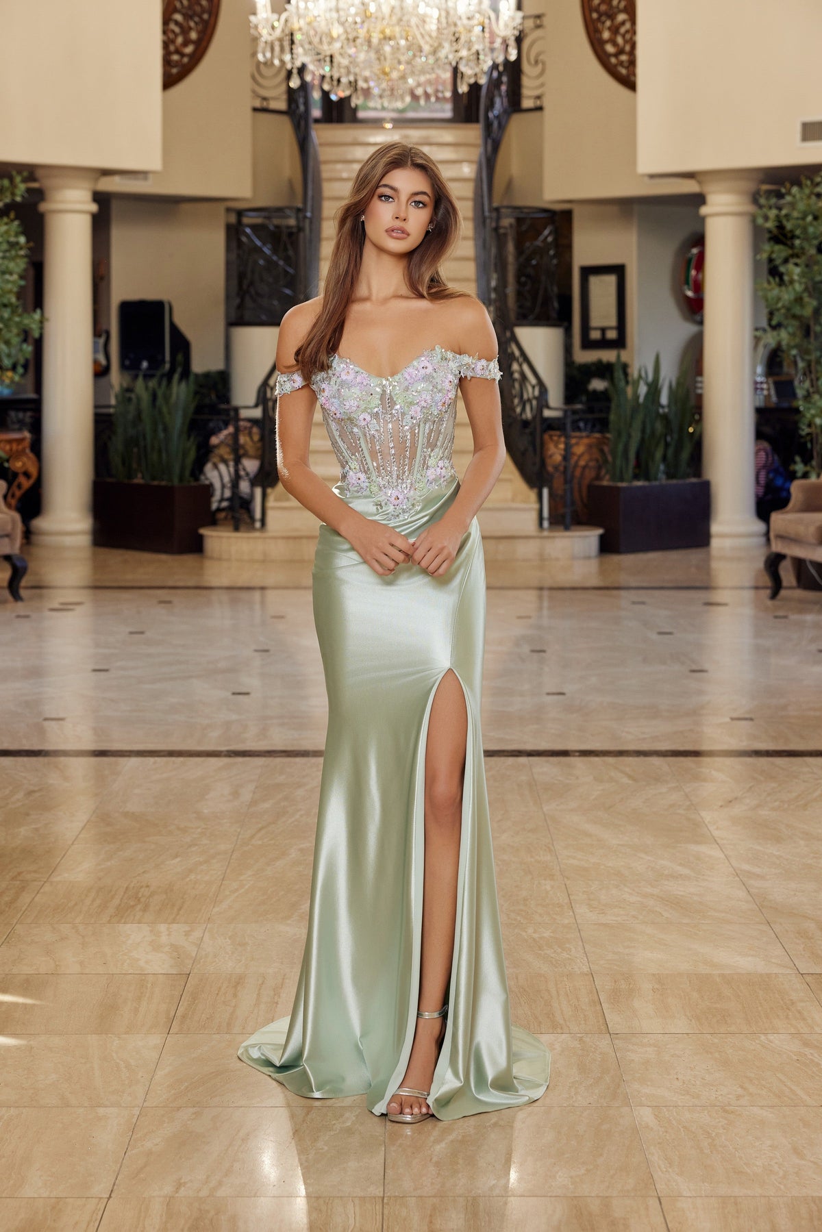 Nox Anabel R1814 Off the Shoulder Floral Applique Fitted Long Corset Evening Gown with Slit