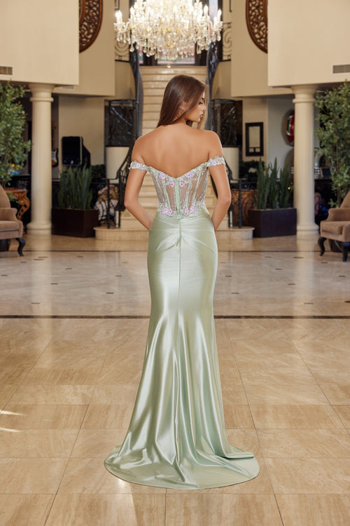 Nox Anabel R1814 Off the Shoulder Floral Applique Fitted Long Corset Evening Gown with Slit