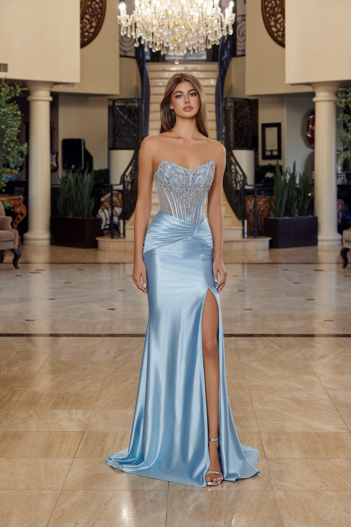 Nox Anabel R1820 Strapless Beaded Fitted Long Corset Evening Gown with Slit