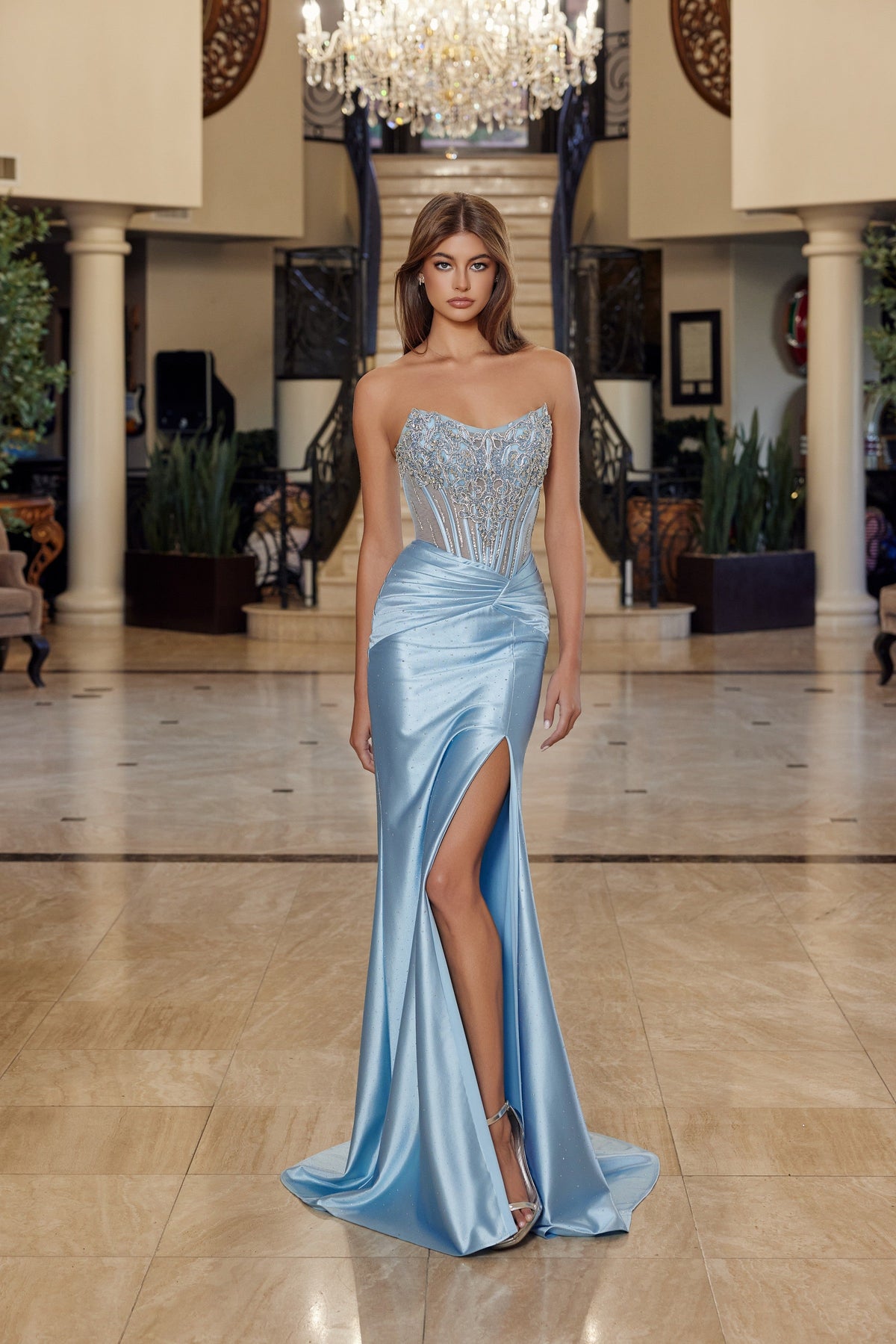 Nox Anabel R1820 Strapless Beaded Fitted Long Corset Evening Gown with Slit