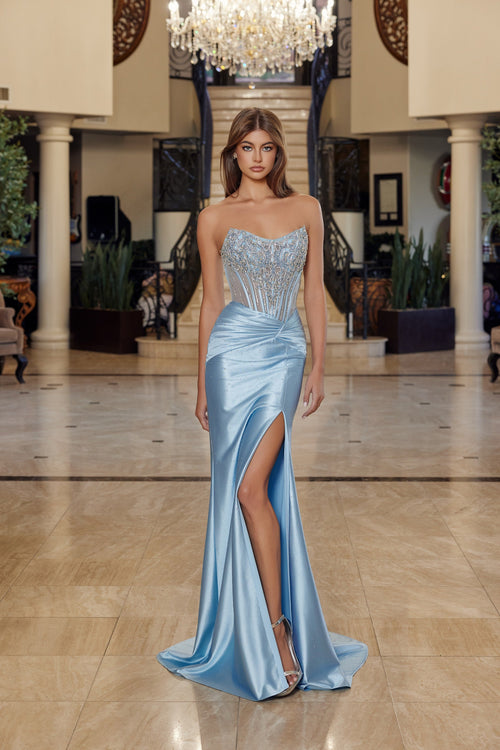 Nox Anabel R1820 Strapless Beaded Fitted Long Corset Evening Gown with Slit